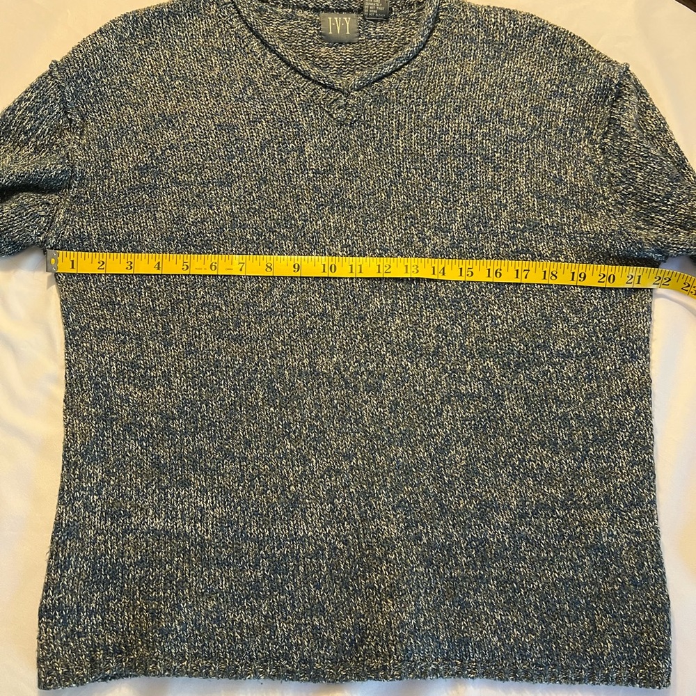 IVY Blue Gray White Silk Blend Classic V-Neck Fall Winter Office Casual Sweater - Picture 5 of 9